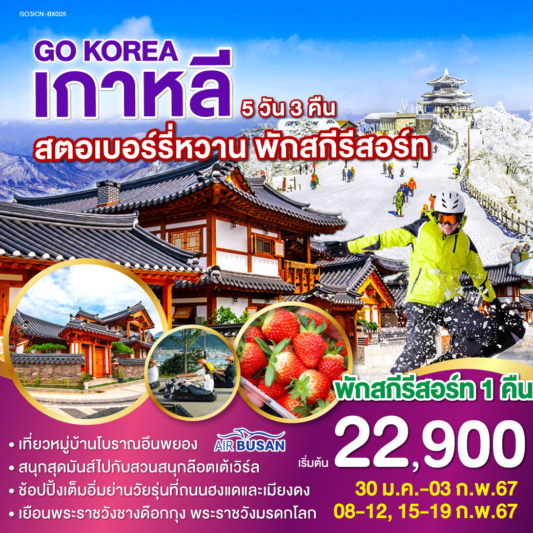 คังฮวา ซีไซด์ รีสอร์ท - เครื่องเล่น ลูจ  - ไร่สตรอเบอร์รี่ – สกีรีสอร์ท (พักค้างคืนสกีรีสอร์ท 1 คืน) - ห้องสมุดสตาร์ฟิลด์ - สวนสนุกล๊อตเต้เวิร์ล – ศูนย์เครื่องสำอางแบรนด์ดังเกาหลี – ศูนย์โสมรัฐบาลเกาหลี – ย่านฮงแด - หมู่บ้านโบราณอึนพยอง – ศูนย์สมุนไพรน้ำมันสนแดง – พิพิธภัณฑ์สาหร่าย -  พระราชวังชางด๊อกกุง - ย่านเมียงดง - ศูนย์สมุนไพรฮอกเกตนามู -  หมู่บ้านบุกชอนฮันอก - ตลาดโบราณควางจัง - ร้านค้าละลายเงินวอน