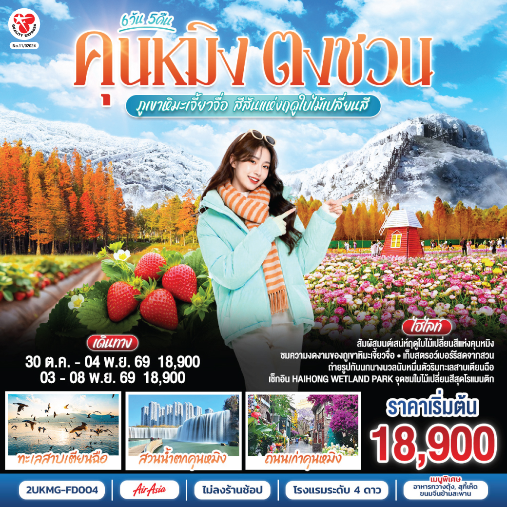 กรุงเทพฯ (สนามบินดอนเมือง) – คุนหมิง (ท่าอากาศยานนานาชาติคุนหมิงฉางสุ่ย)  (FD582 : 08:00 - 12:25) – ตำหนักทองจินเตี้ยน-สวนน้ำตกคุนหมิง
ถนนเก่าคุนหมิง ตึกแก้ว-เมืองตงชวน-สวนสตอเบอร์รี่-แผ่นดินสีแดงตงชวน-เมืองถ่านเตี้ยน-ภูเขาหิมะเจี้ยวจื่อ (รวมรถอุทยาน กระเช้า)-คุนหมิง-อิสระช้อปปิ้งถนนคนเดินหนานผิงเจี่ย POP MART-เมืองโบราณกวนตู้-PARK 1903 -อิสระช้อปปิ้ง OUTLETS-ชมดอกไม้ตามฤดูกาลสวนลาวหยูเหอ ชมพระอาทิตย์ตกดิน-วัดหยวนถง-สวนชุ่ยหู-ชมนกนางนวลริมทะเลสาบเตียนฉือ-ชมใบไม้เปลี่ยนสี Haihong Wetland Park-คุนหมิง (ท่าอากาศยานนานาชาติคุนหมิงฉางสุ่ย) -กรุงเทพ (สนามบินดอนเมือง)  (FD583  :12.30 – 13.50)