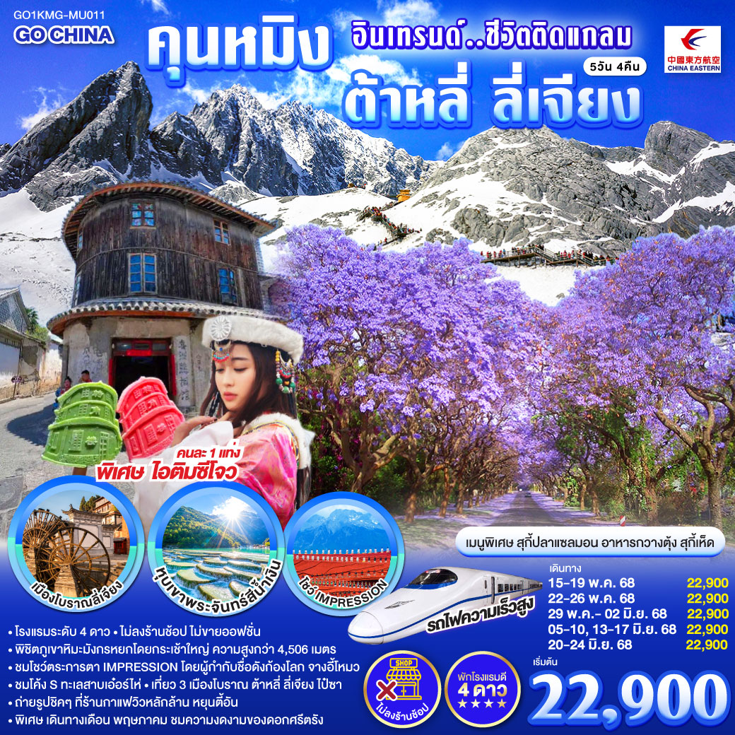 กรุงเทพฯ (สนามบินสุวรรณภูมิ) – คุนหมิง (MU9622 : 07.50 – 10.55)-ต้าหลี่-เมืองโบราณต้าหลี่-ต้าหลี่-ชมโค้ง S ทะเลสาบเอ๋อร์ไห่-วัดเจ้าแม่กวนอิม-หมู่บ้านซีโจว พิเศษ ไอติมซีโจว-ลี่เจียง-สระน้ำมังกรดำ-ภูเขาหิมะมังกรหยก (รวมกระเช้าใหญ่) – โชว์ IMPRESSION LIJIANG – หุบเขาสีน้ำเงิน (รวมรถราง) – อุทยานน้ำหยก-เมืองโบราณลี่เจียง-เมืองโบราณไป๋ซา-ร้านกาแฟ หยุนตี้อัน (ไม่รวมค่าเครื่องดื่ม) -รถไฟความเร็วสูงสู่คุนหมิง (รวมรถขนกระเป๋า) -วัดหยวนทง -ตำหนักทองจินเตี้ยน-อิสระช้อปปิ้ง 1903 PARK-คุนหมิง-กรุงเทพ (สนามบินสุวรรณภูมิ)  (MU9621 : 21.00 –22.15)