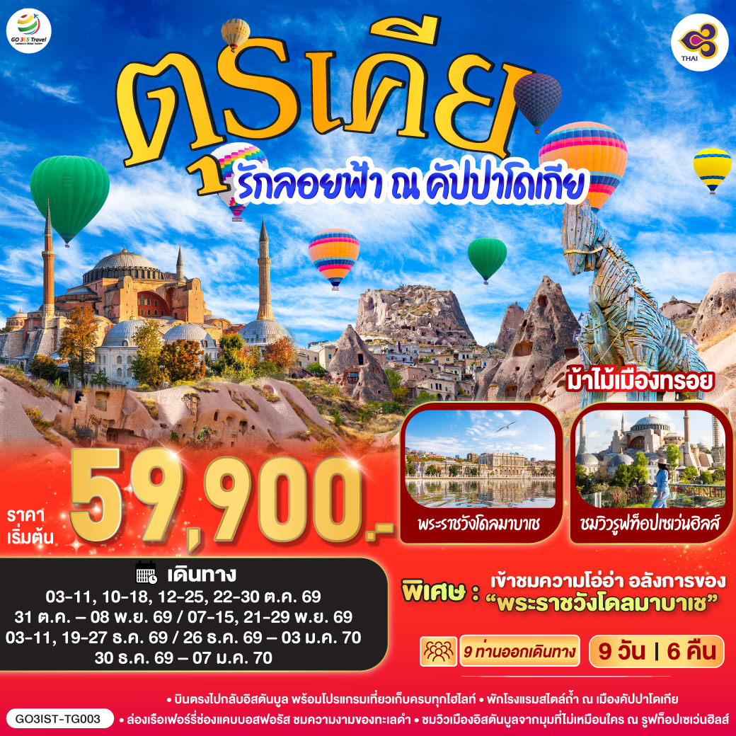 อิสตันบูล –มัสยิดออร์ตาคอย – สุเหร่ายักษ์คามลิก้า - อังการ่า - สุสานอตาเติร์ก – ทะเลสาบเกลือ - คัปปาโดเกีย - ปราสาทหินยูชิซาร์ - หุบเขานกพิราบ - OPTIONAL BALLOON -  ช้อปปิ้งโรงงานทอพรม โรงงานเครื่องประดับและโรงงานเซรามิค  หมู่บ้านเครื่องปั้นดินเผาเอวานอส – นครใต้ดิน - หุบเขาเกอเรเม – คาราวานสไร - คอนย่า - พิพิธภัณฑ์เมฟลานา - ปามุคคาเล่ - ปราสาทปุยฝ้าย - เมืองโบราณเฮียราโพลิส - โรงงานเครื่องหนัง - ชานัคคาเล - ม้าไม้เมืองทรอย - อิสตันบูล - ล่องเรือเฟอร์รี่ - ตลาดสไปซ์ -หอคอยกาลาต้า - จัตุรัสทักซิม – เข้าชมสุเหร่าสีน้ำเงิน - ฮิปโปโดรม - ฮาเกียโซเฟีย -  รูฟท็อปเซเว่นส์ฮิลล์ส  - สนามบินอิสตันบูล